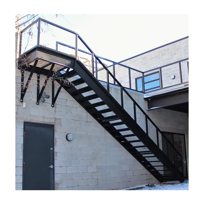 Outdoor Metal Stairs Wrought Iron Straight Staircase with Checkered Steel Plate Steps