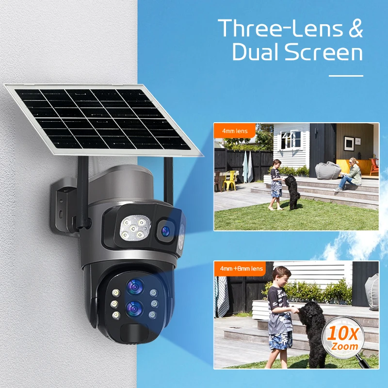 Three Lens 10X Zoom 4G Sim Solar Camera Outdoor 6K 12MP Security Surveillance Camera 360 Human Auto Tracking Solar CCTV V380 Pro