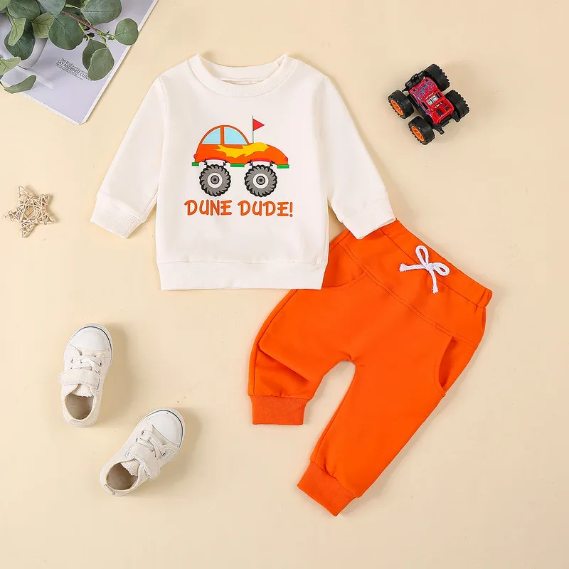 

3 Months to 3 Years Baby Boy 2Pcs Pant Sets Spring Autumn Clothes Long Sleeve Vehicle Print Loose Sweatshirt + Trousers