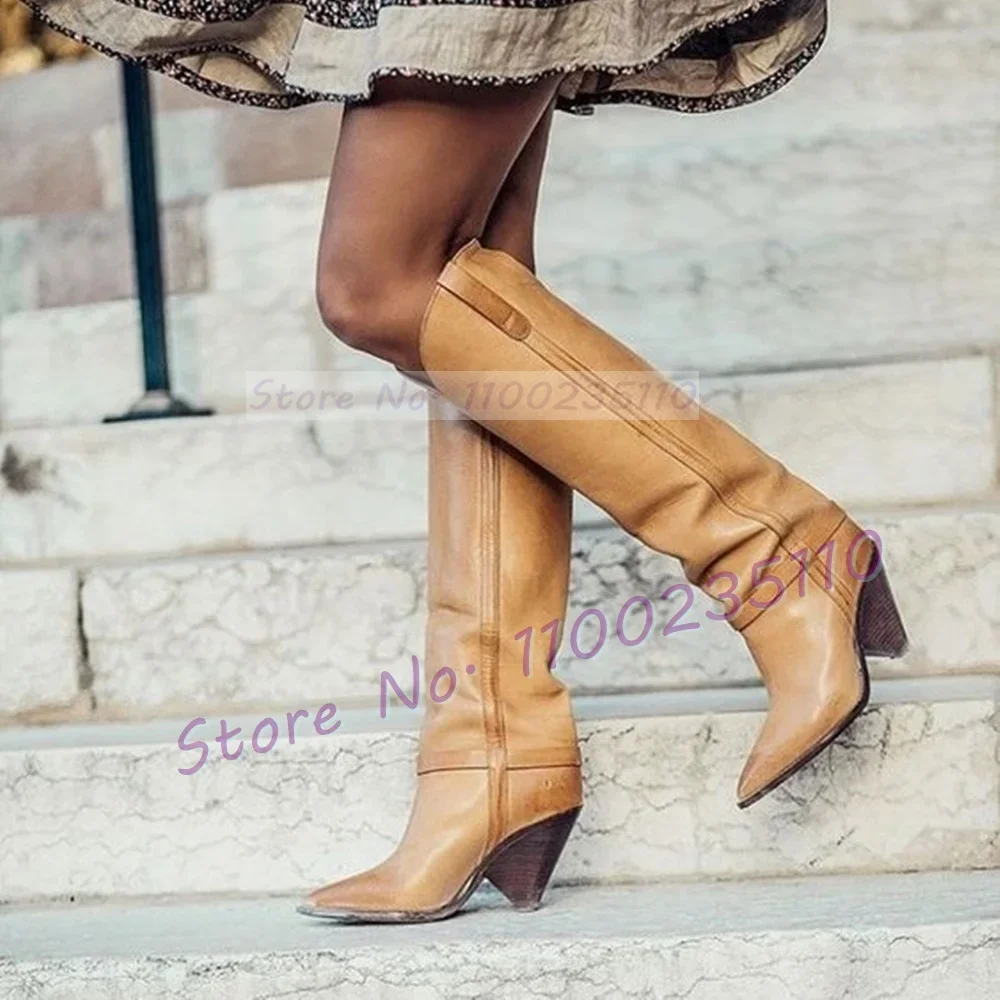 Silver Metal Toe Tan Knee-High Boots Women Fashion Pointed Toe Cone Heel Catwalk Shoes Ladies Stylish Cool Girls Slanted Boots
