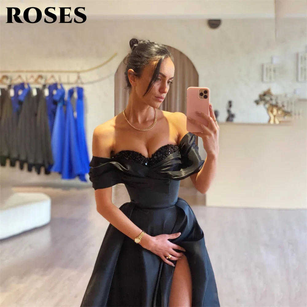 ROSES Black A Line Prom Dresses Sequin Sweetheart فساتين سهره Off The Shoulder Evening Dress Side Split Stain Formal Prom Dress