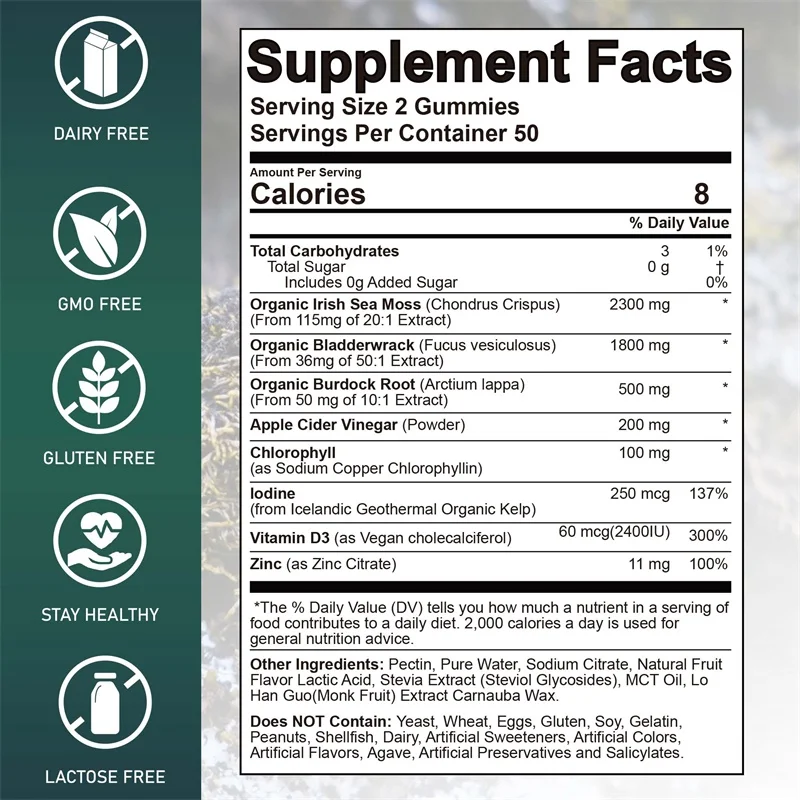 Sea Moss Gummies 5000mg - with Irish Sea Moss, Burdock Root, Bladderwrack - Supports Thyroid, Skin, Gut Health, Antioxidant