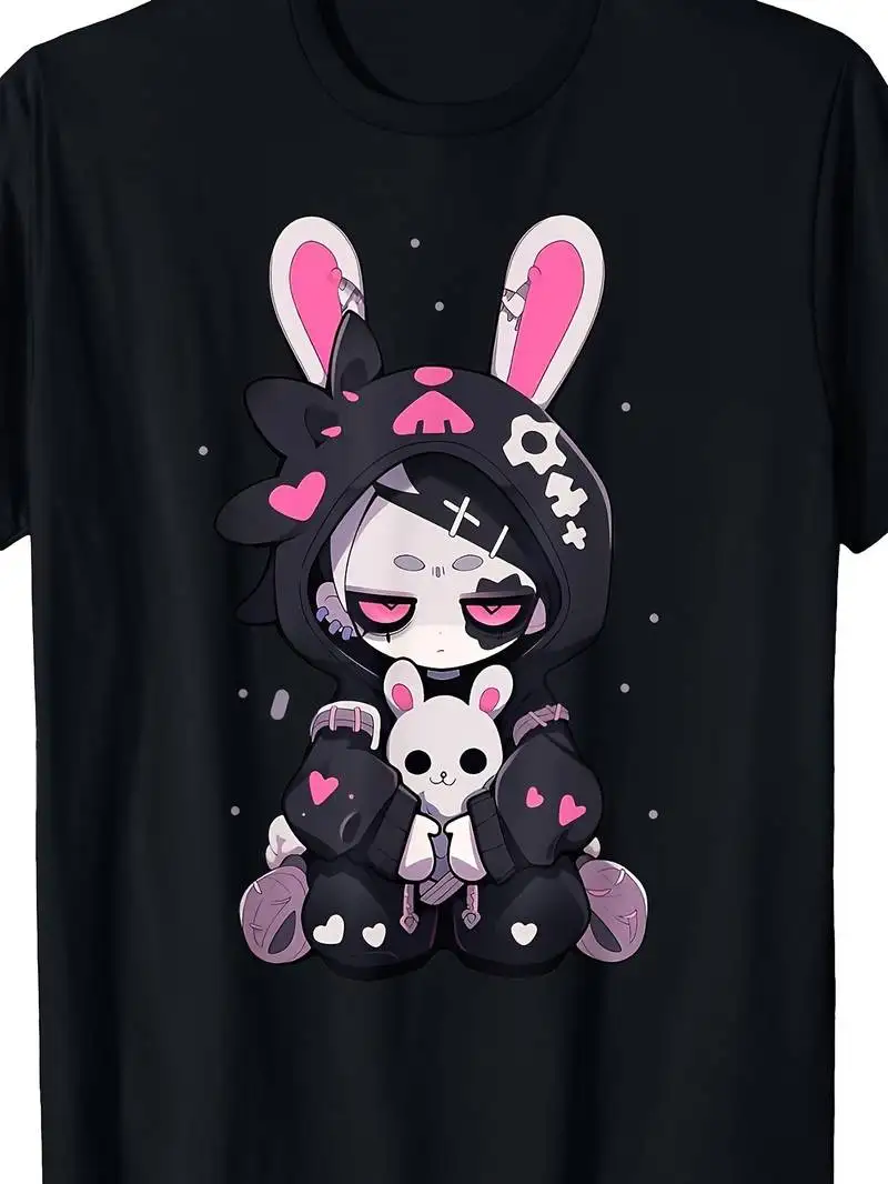 Gothic Anime Bunny Girl T-Shirt Black Pink Bunny Ears Hearts Soft Crew Neck Loose Fit Casual Tee For Women Teens Cute Pastel Emo