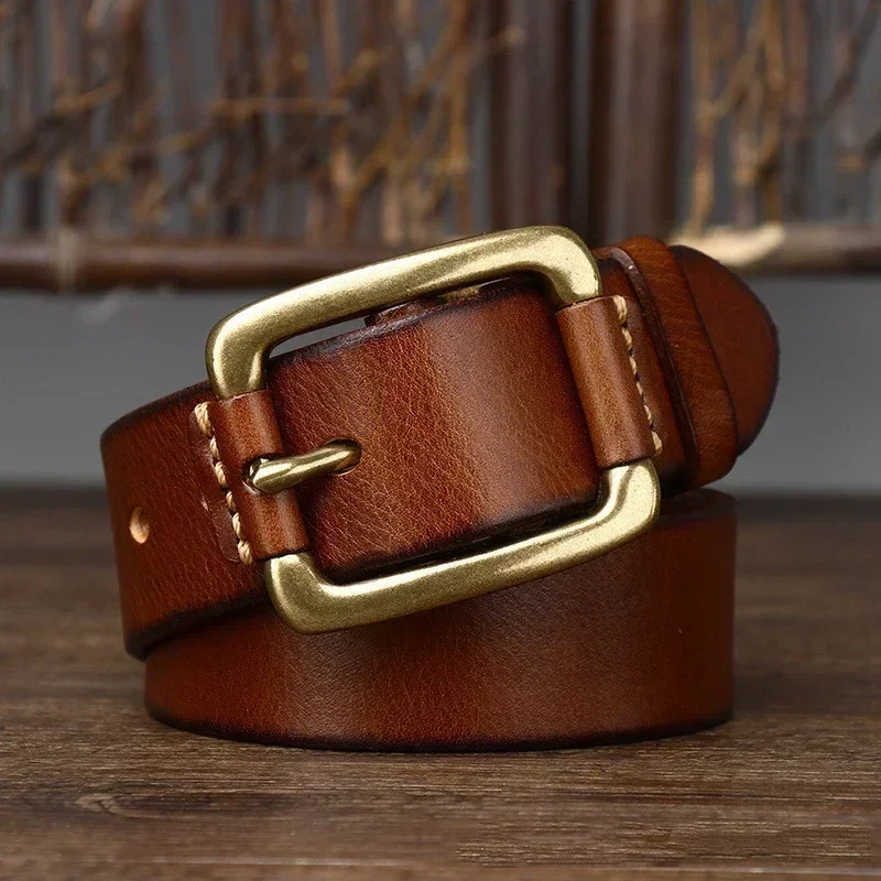 3.8CM Pure Cowhide High Quality Genuine Leather Belts for Men Brand Strap Male Brass Buckle Fancy Vintage Jeans Cowboy Cintos