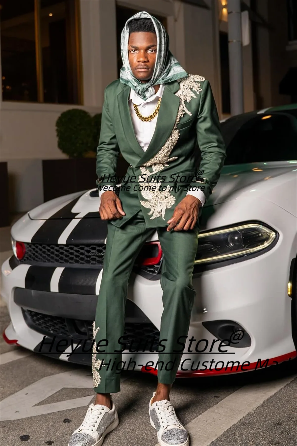 

Мужские костюмы для выпускного вечера на заказ, зеленые, двубортные, с аппликациями, высококачественные, для жениха, свадебные смокинги, комплекты из 2 предметов, Costume Homme