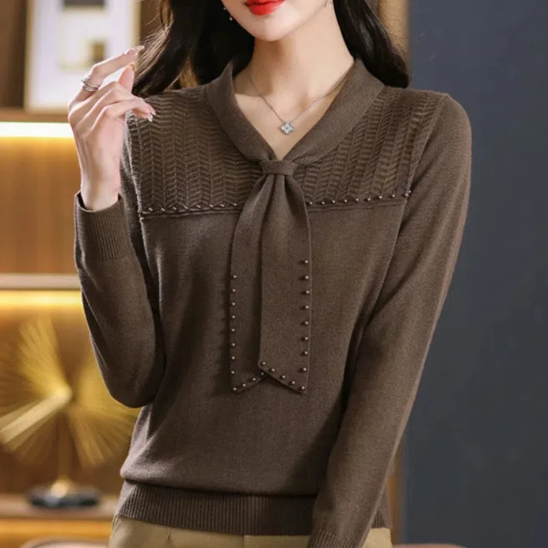 Simplicity Office Lady Autumn Sweaters Pullovers Women\'s V-Neck Solid Bow Embroidered Flares Fashion Long Sleeve Knitted Tops