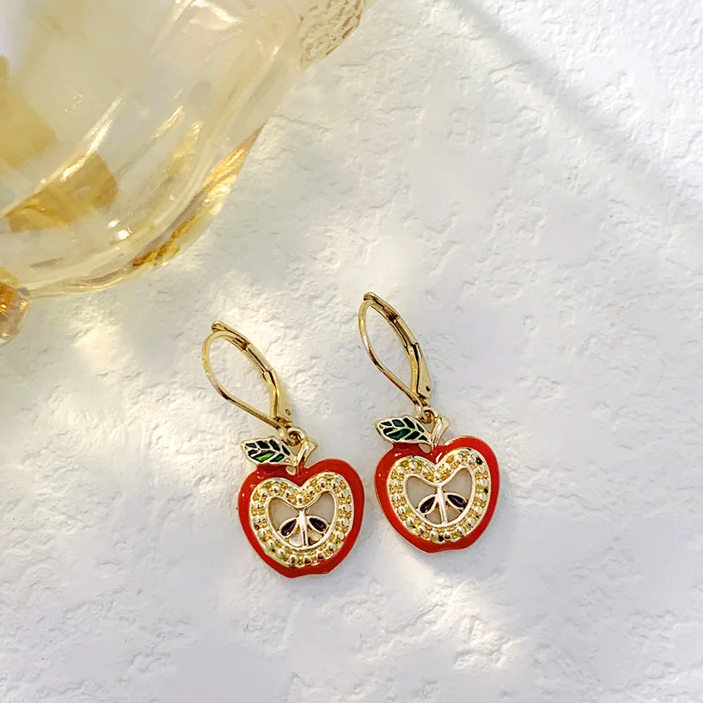 Lucky99 Euramerican Trendy Red Apple Earrings For Women Cute Fashion Festive Hollow Out Personality Enamel Fruits Drop Earring