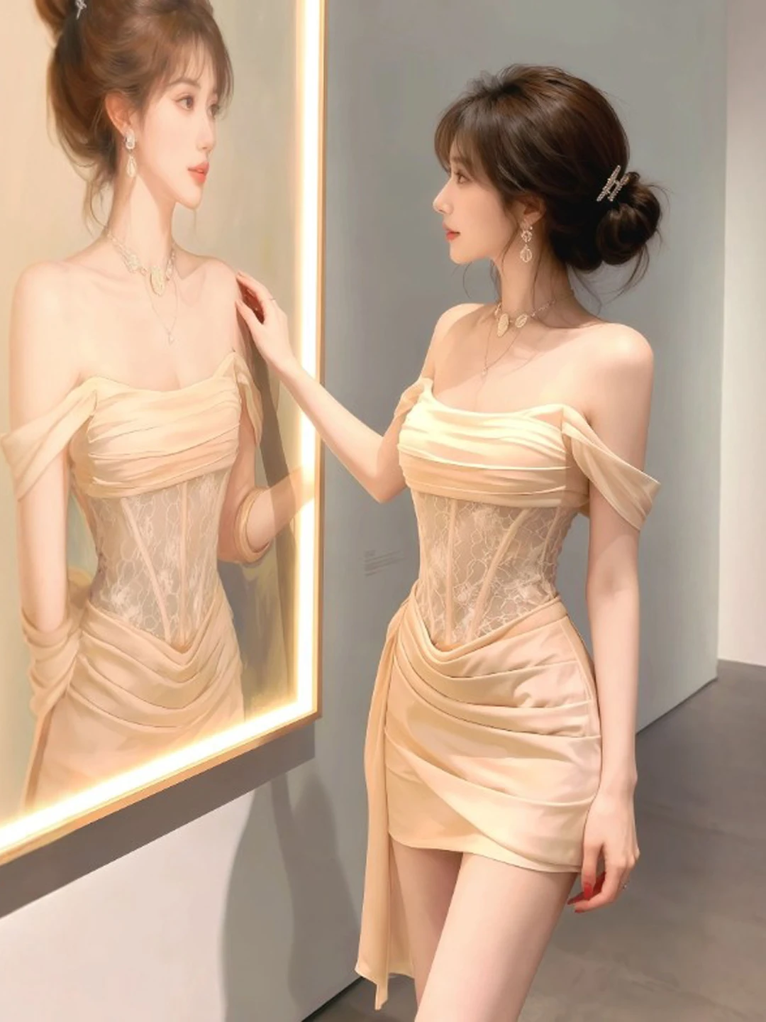 

Элегантное облегающее платье с открытыми плечами и короткой юбкой, с красивой приталенной талией, из весенней коллекции, женская модная одежда