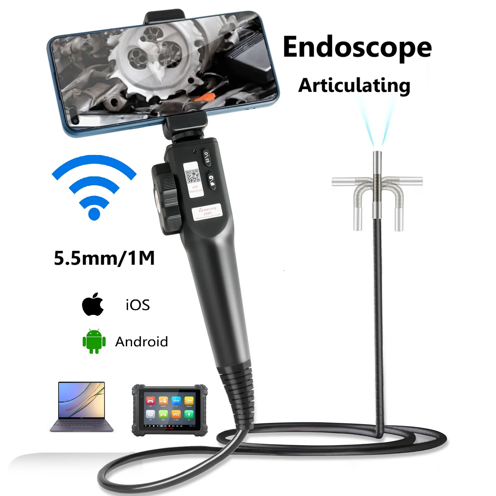 

5.5mm 180° Steering Articulation Industrial Borescope Endoscope Cars Inspection Camera With 6 LED for iOS / Android