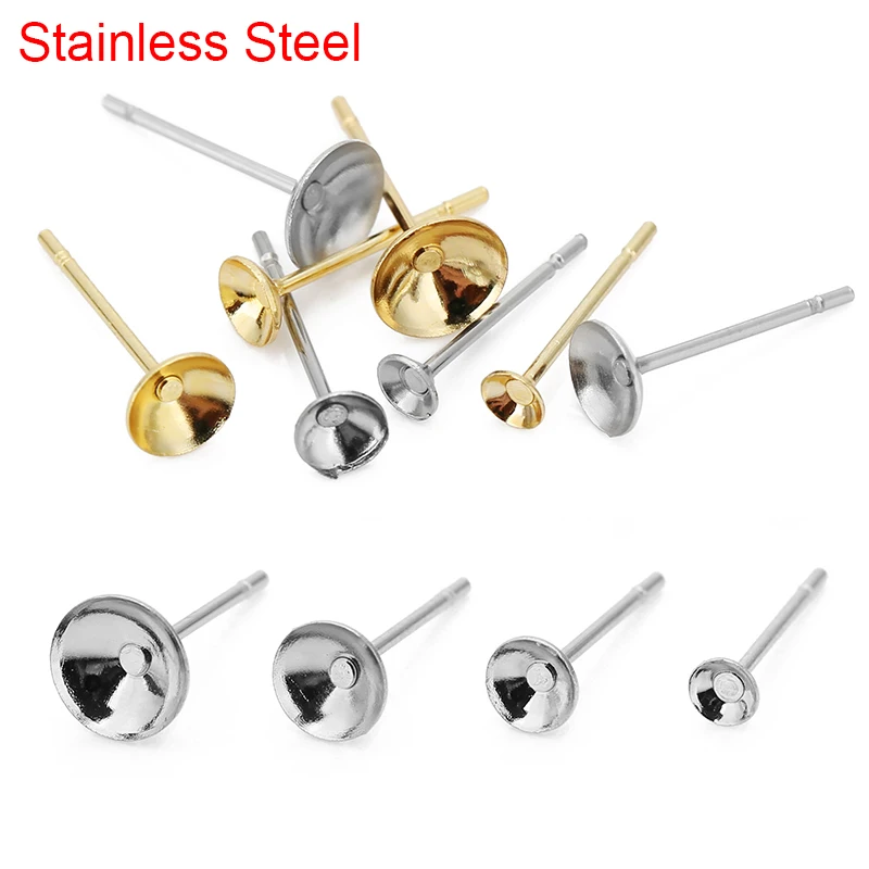 50pcs Hypoallergenic Stainless Steel Stud Earring Base Diameter 4mm 5mm 6mm 8mm Cabochon Settings For Jewelry Making Supplies