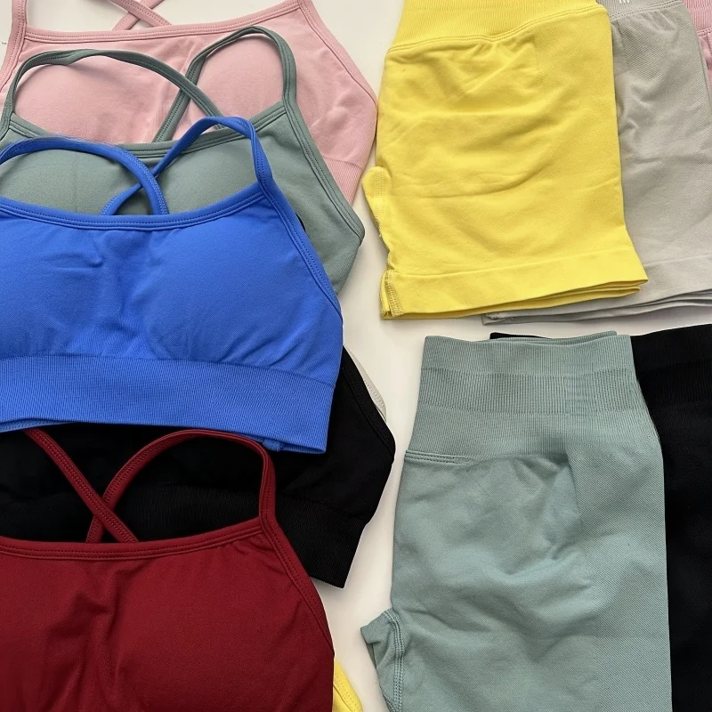 No Logo Yoga Gym Set Women Seamless Yoga Set 2 Pieces Workout Shorts Set Backless Sports Bra Scrunch Bum Shorts Fitness Clothes image 2