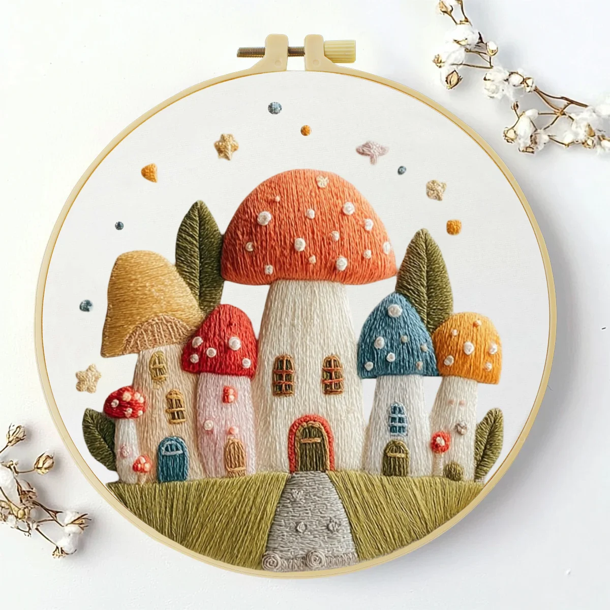 1 Stück 20X20CM/15X15CM 7,87/6,3 Zoll Pilzhaus Stickerei Starter-Kit DIY-Kit DIY-Stickerei-Set Handarbeiten Nähkunst – Detail 2