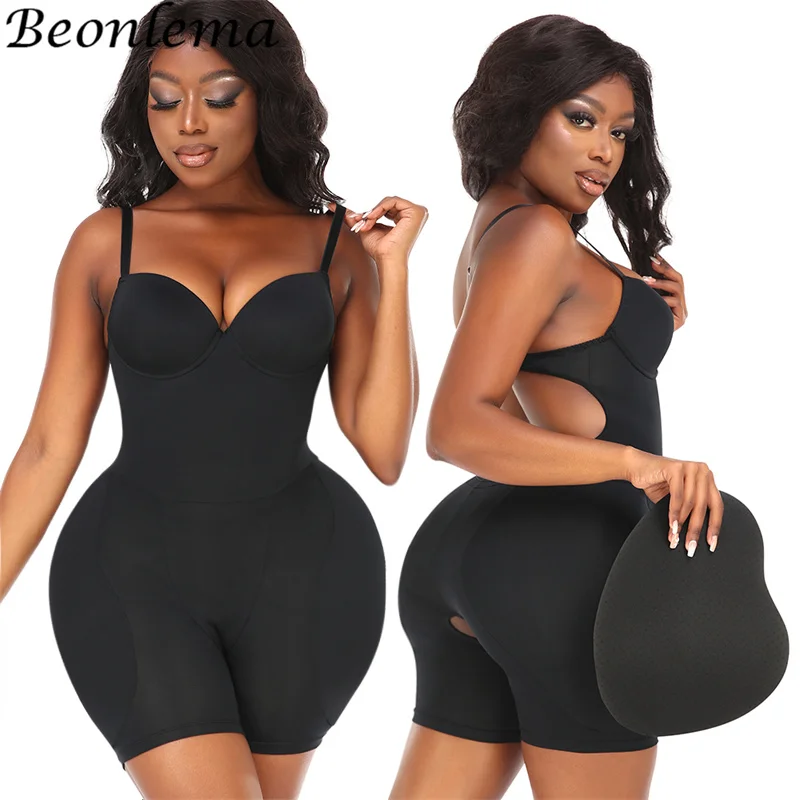 Body And Backless Bra Bodysuit With Cups Push Up Girdle Lifts Buttocks Woman Detachable Butt Pads Hip Enhancer Shapewear
