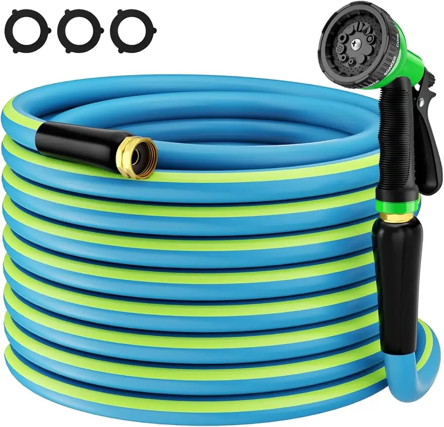 

Сверхмощный садовый шланг 5/8 дюйма, 50 футов: гибкий резиновый водяной шланг с 10-функциональным распылителем — герметичный шланг с фитингами «папа-мама» —