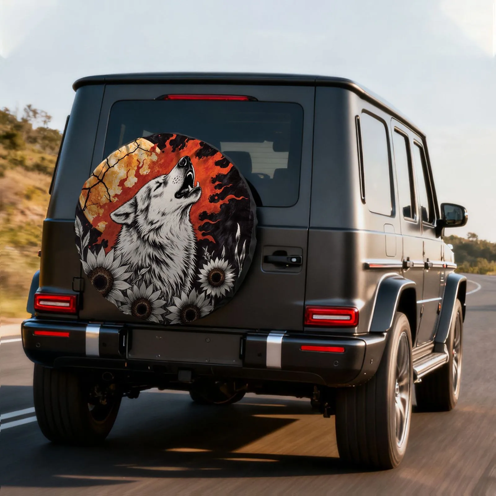 Howling Wolf and Sunflowers Tire Cover Durable Polyester Spare Wheel Protector Universal Fit SUV Accessory