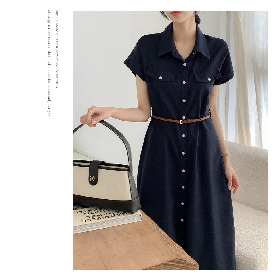 

Retro Chic Collared Dr with Belt Korean Sle Versatile for Various Ocns Spring Autumn Winter Women's Faion