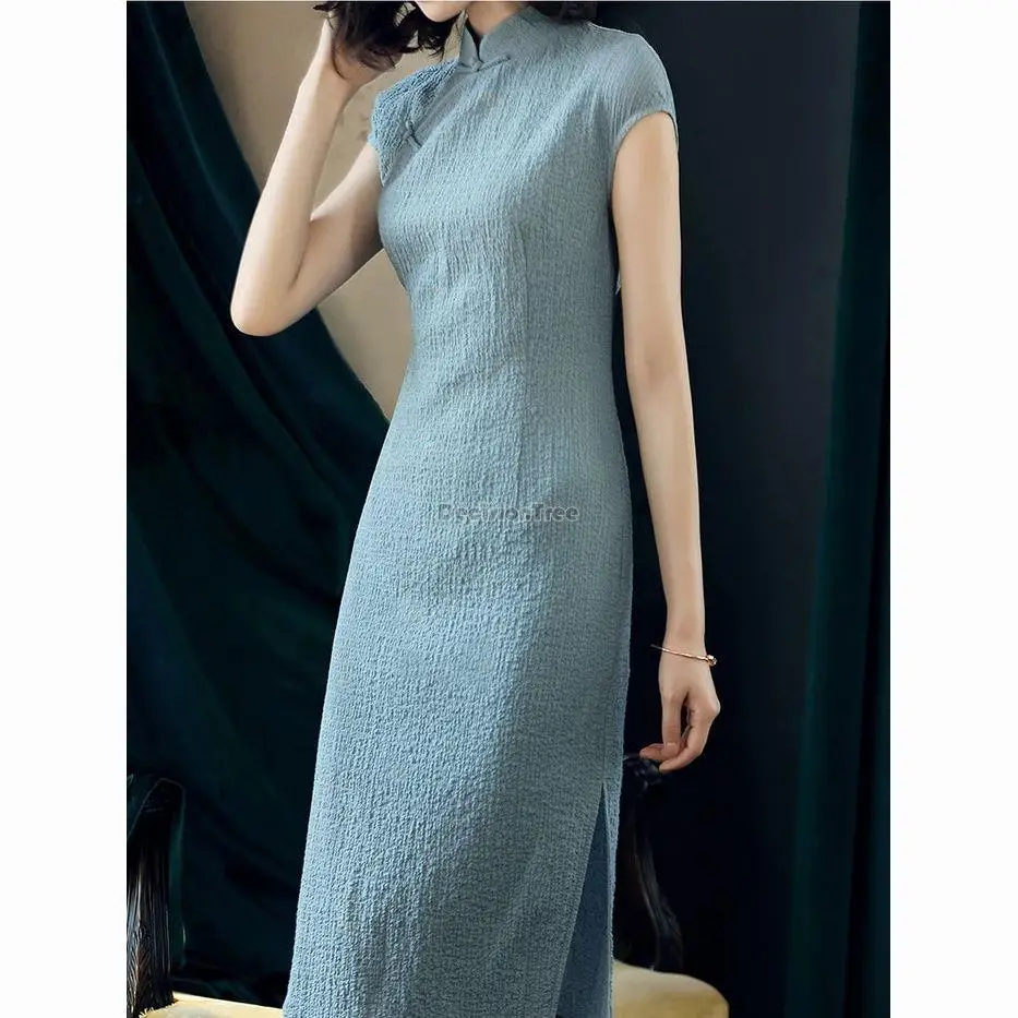 

2023 short sleeve improved cheongsam female summer vintage chinese style new long solid color stand collar qipao dress s465