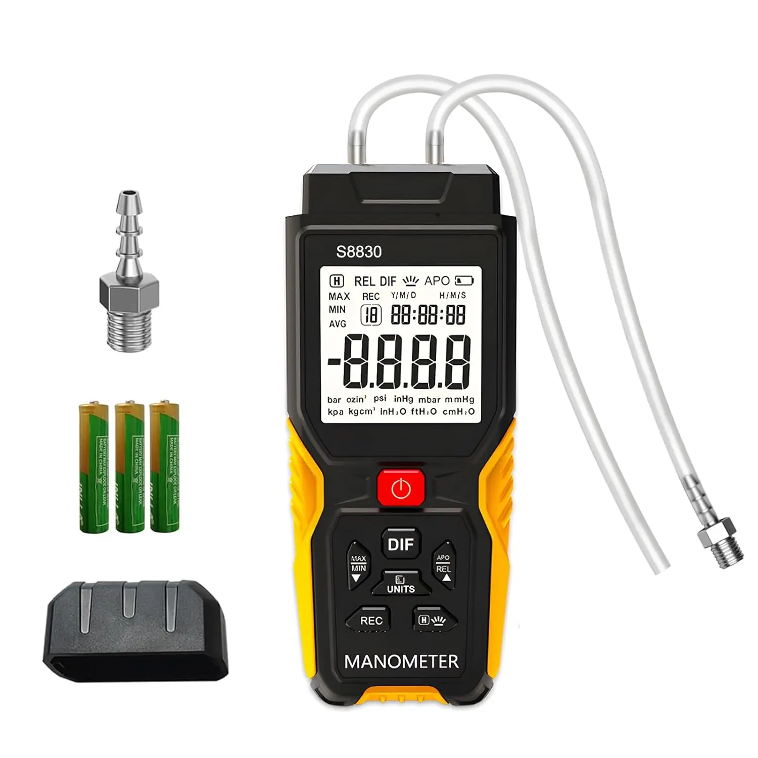 

Цифровой манометр, двухпортовый манометр перепада давления ± 36,8 кПа, портативный тестер давления газа HVAC с 12 единицами, подсветкой