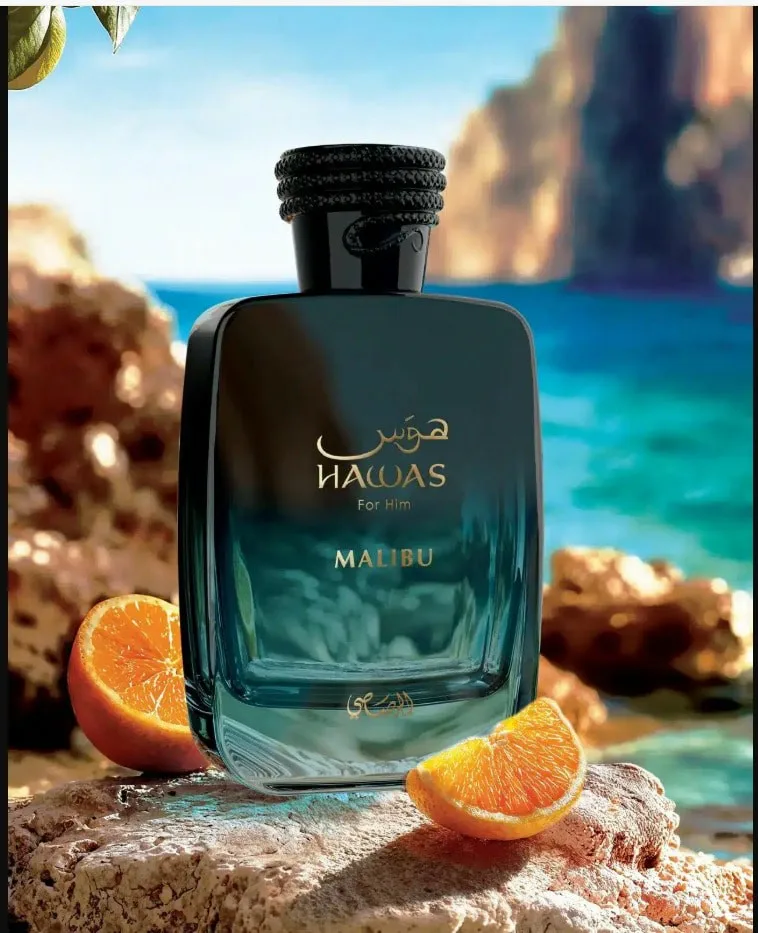 RASASl Hawas Malibu Tropical Eau De Parfum Spray Untuk Pria, 3.4 Ons, Parfum dengan Aroma Segar Akuatik, Jeruk, dan Kayu, Tahan Lama