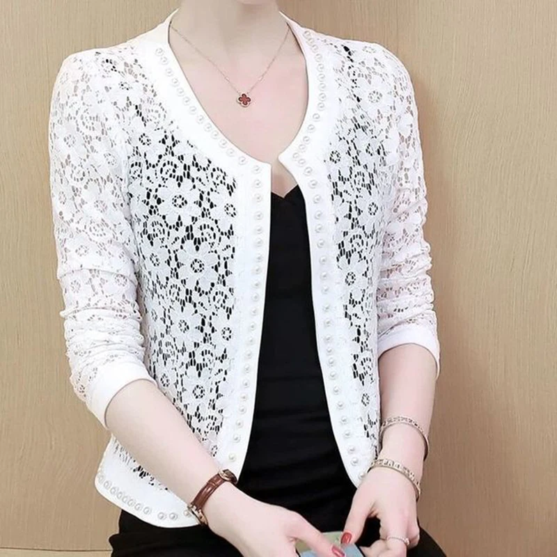 Women\'s Lace Top Sun Protection Short Jacket Spring and Summer Lace Cardigan Korean Thin Plus Size Bead Hollow Out Small Shawl