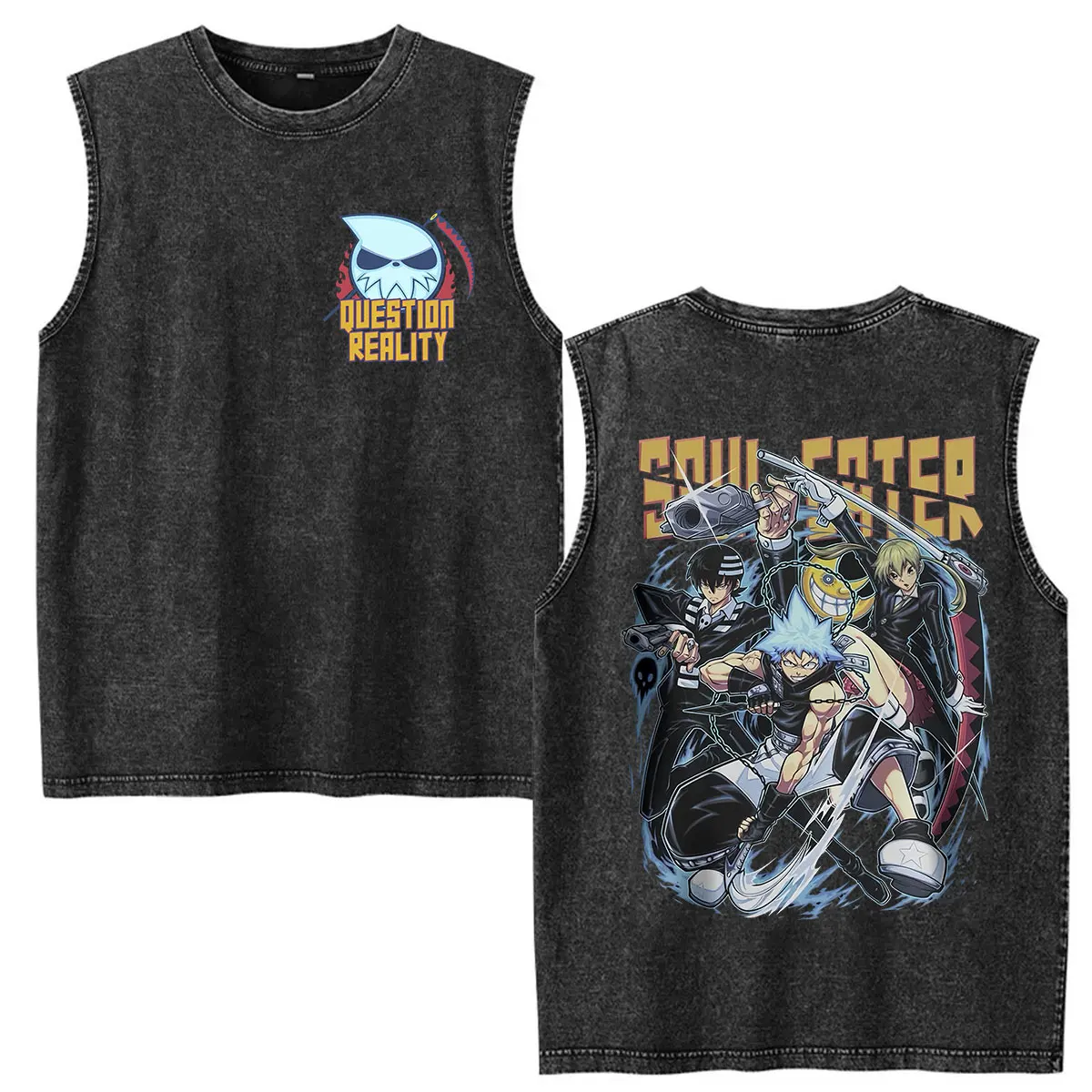 Japanese Anime Soul Eater Death The Kid Washed Vest T Shirts Men's Women Vintage Fashion Cotton Short Sleeve T-shirt Streetwear