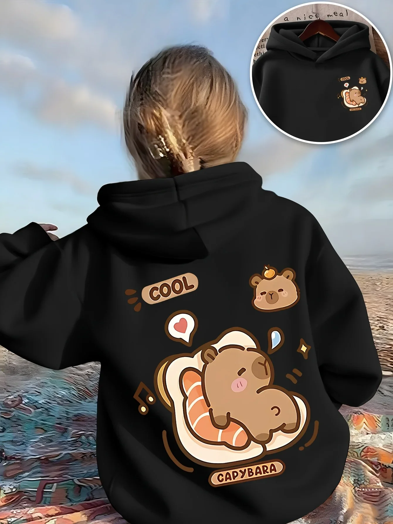Girls Boys Kids Hoodie Cute Capybara Printed Sweatshirt Kawaii Cartoon Animal Pullover Hooded Top Casual Streetwear Winter