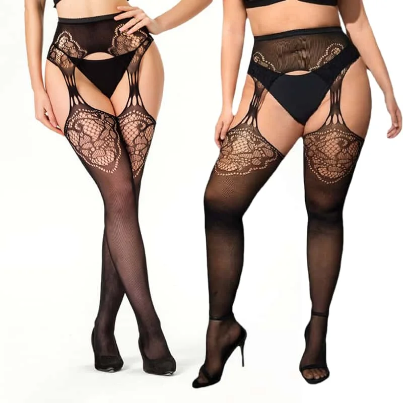 Plus Size Hollow Out Patroon Jarretellegordel Netkous Panty Sexy Dij-Hoge Jarretel Body Kousen Panty voor Vrouwen XL
