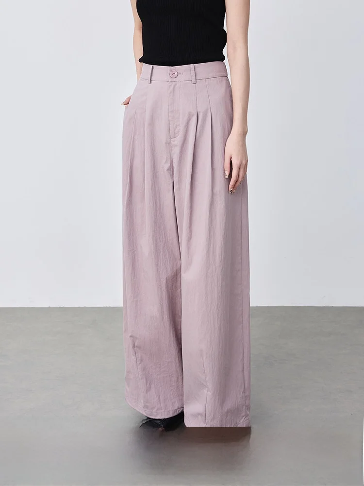 

ay Фиолетовые повседневные прямые брюки для спецодежды Свободные плиссированные широкие брюки-груша с высокой талией Длинные брюки из смеси хлопка