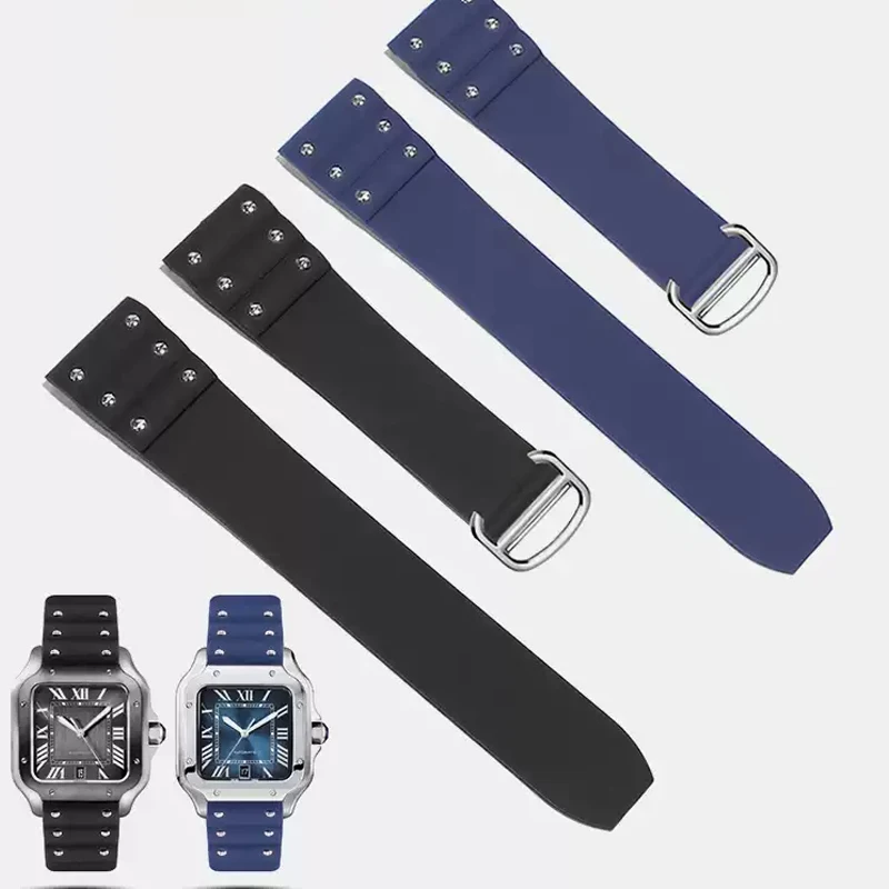 Rubber watchband For Cartier Santos watch strap 21mm Silicone bracelet Folding buckle Black Blue Wrist band
