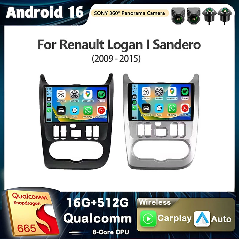 Android 16 Qualcomm für Renault Logan I Sandero 2009 2010 - 2015 Carplay Auto Radio Player Multimedia Stereo Navigation Video BT