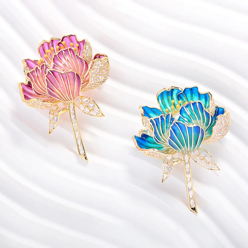 OKILY High-end Enamel Color Lotus Flower Brooch Slightly Inlaid Zircon Freshwater Pearl Corsage Atmospheric Suit Dress Accessori