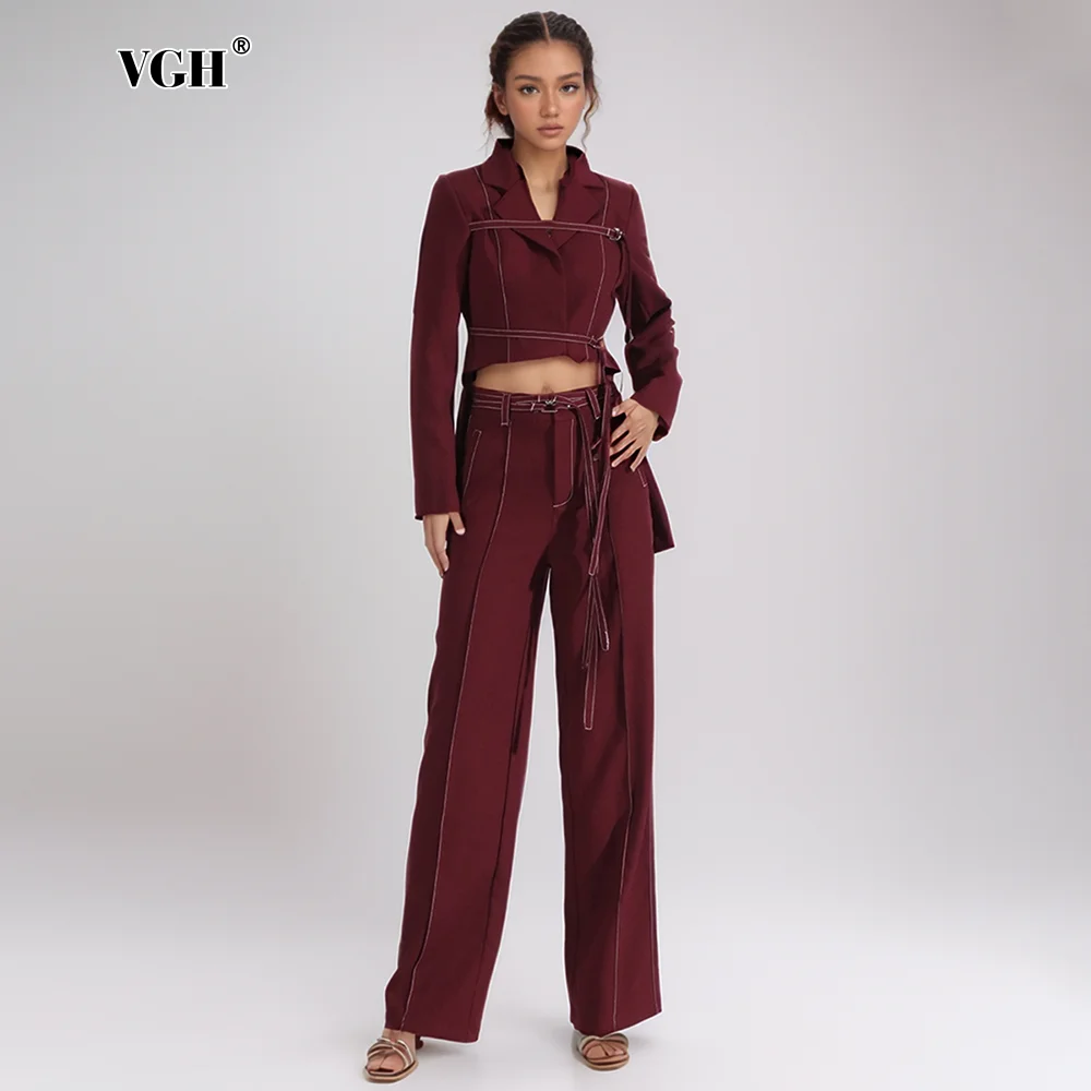 

VGH Temperament Pant Suit For Women Laple Long Sleeve Spliced Lacec Up Jackets High Waist Straight Pants Slim Set Female Style