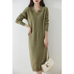 Loose Women's Dress On Offer Clearance Free Shipping 100% Wool Knitted Jumpers 2024 Autunmn/Winter Dresses Polo Long Pullovers