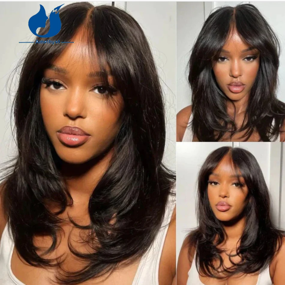 Amethyst Ready To Wear Layers Wave 13x6 Lace Front Human Hair Wig With Curtain Bangs Brazilian Preplucked Lace Frontal Wig Remy