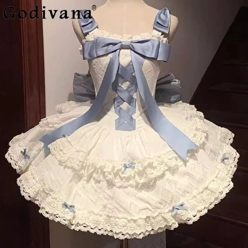 

Spring Summer Elegant Lolita Sweet Bow Fairy Suspender Dress Fashion High Waist A-line Versatile Age-Reducing Princess Dresses