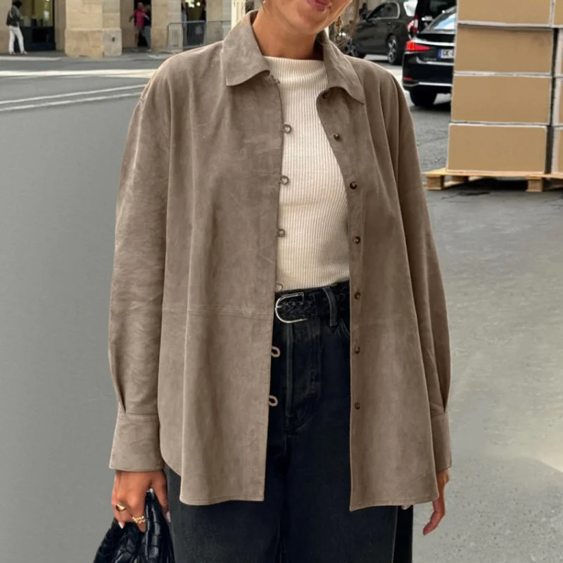 2025 vêtements féminins Blouse Style rétro kaki tricoté daim ample col rabattu chemise manches Niche polyvalent chemise pour femmes