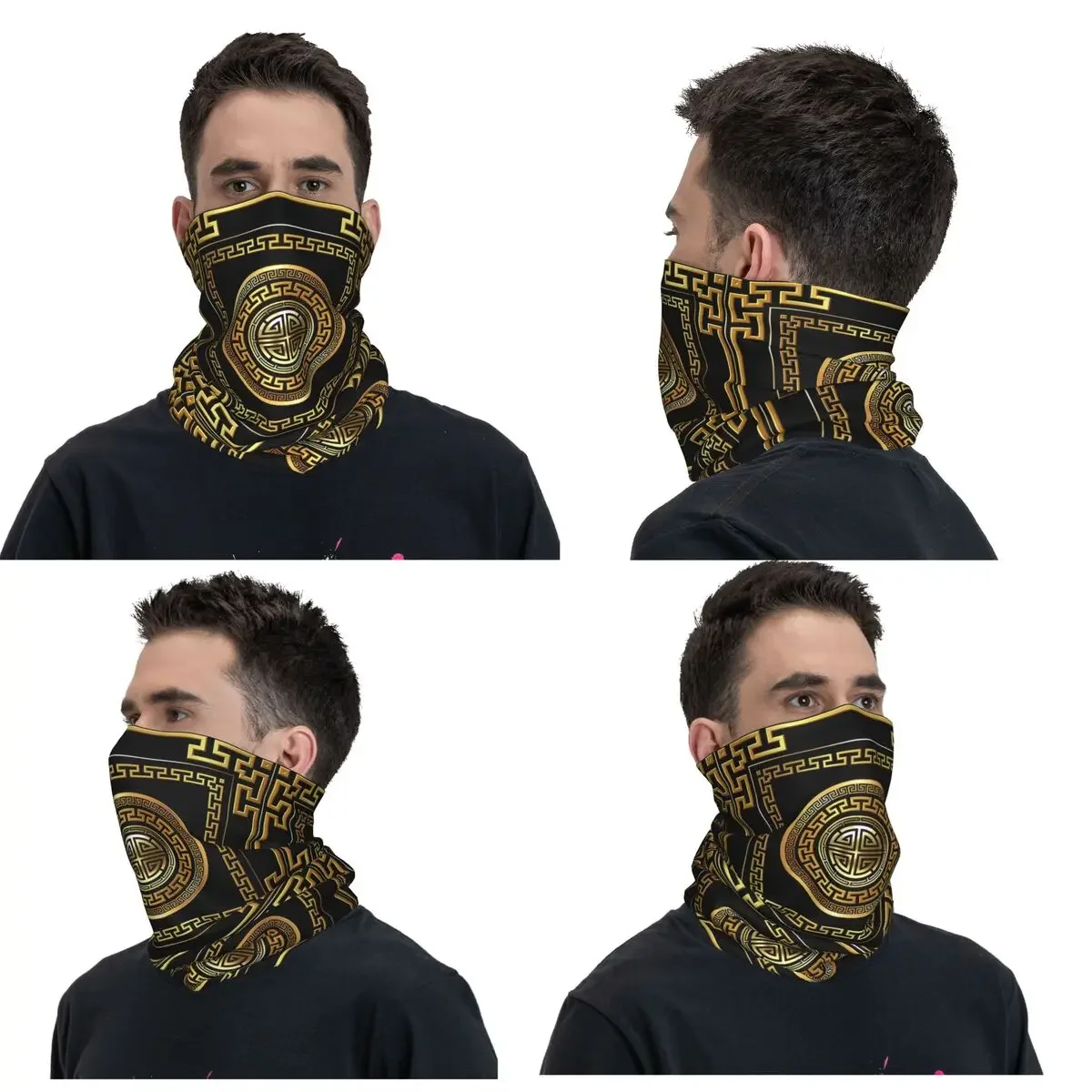 Greek Key Meander Black Gold Large Bandana Neck Gaiter Printed Wrap Scarf Multifunction FaceMask Running For Men Adult Washable