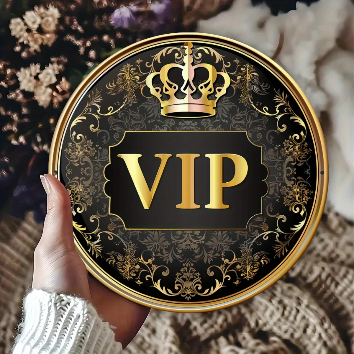 Vintage VIP Crown Metal Sign -  Gold Foil Design, Elegant 2D Printed Iron Art for Home Office Garden Decor, Perfect Holiday Gift