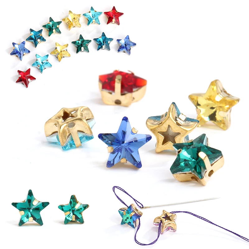 10pcs Crystals Star Nails Art Charms Glue On Rhinestones Beads Needlework Metal Base Strass Fabric Decoration For Sewing Clothes