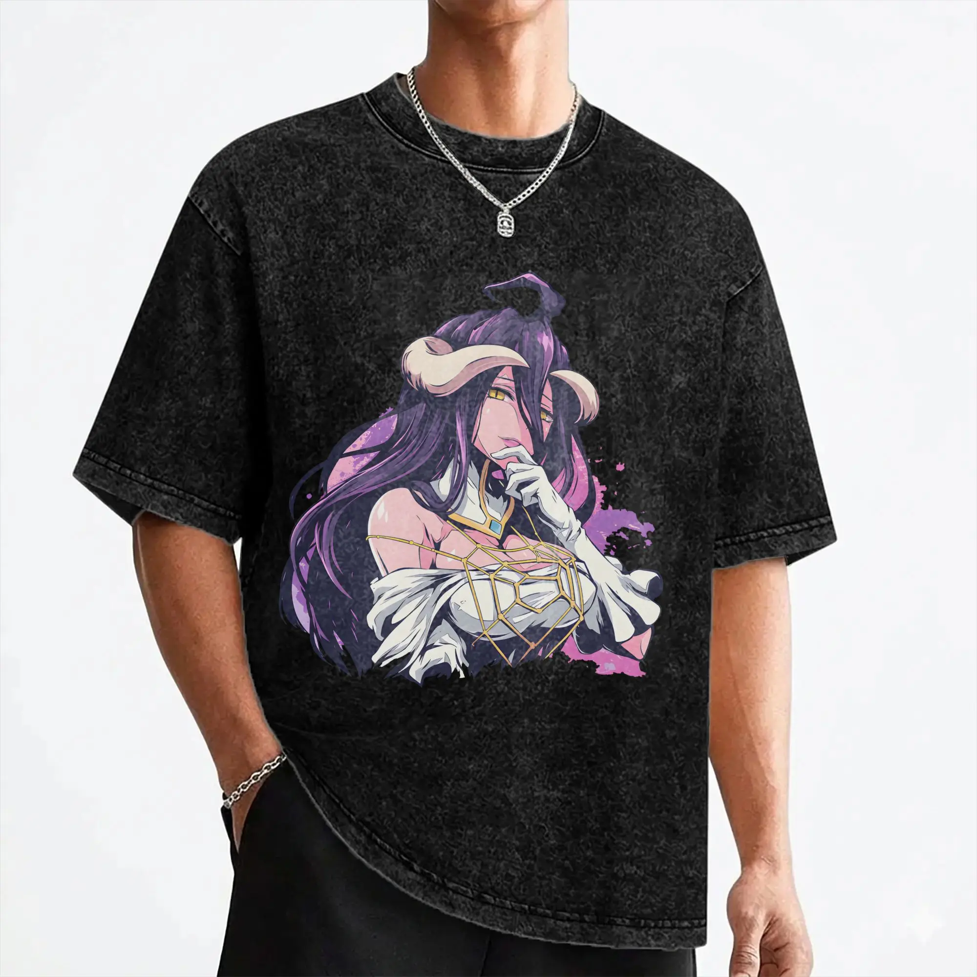 Albedo Japanese Anime T Shirts Washed Cotton Harajuku T-Shirts  Novelty Men Women Streetwear Graphic Tops Tees