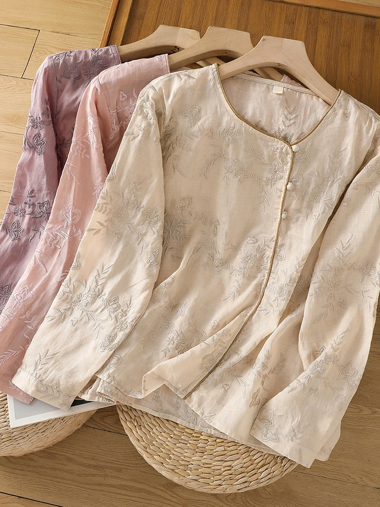 Ele Heavy Embroidery Cotton Linen irt Women's Spring Summer New Chinese Sle National Faion Button up Top