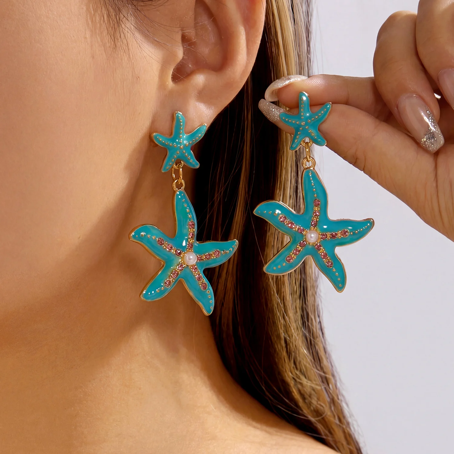 Ozean-Serie Emaille-Seestern-Ohrringe für Damen, Übertriebene Bunte Strass-Seestern-Ohrringe, Sommerurlaub-Charm-Schmuck