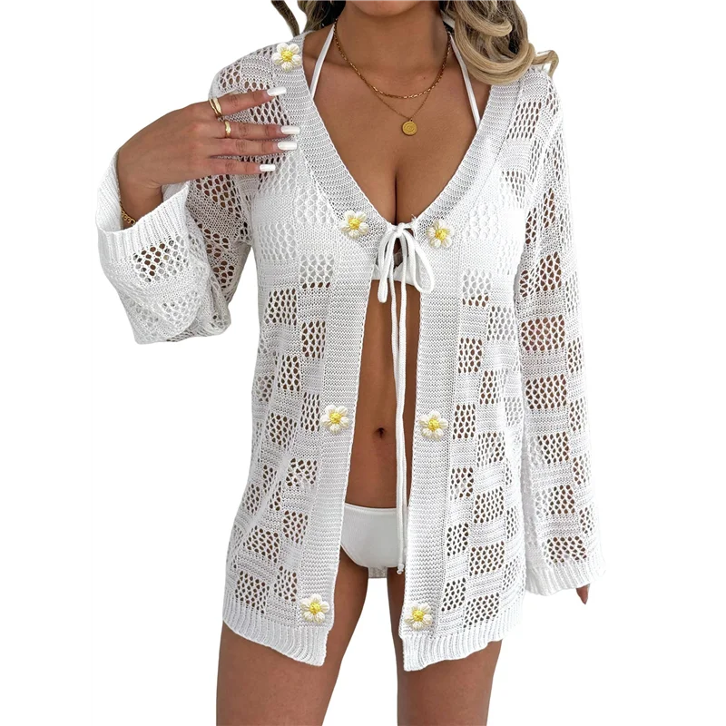 

ABRT-Women's Tie Front Hollow Out Tops 3D Knitted Flower Decor Bell Sleeve Crochet Boho Cute Cardigan Shirts