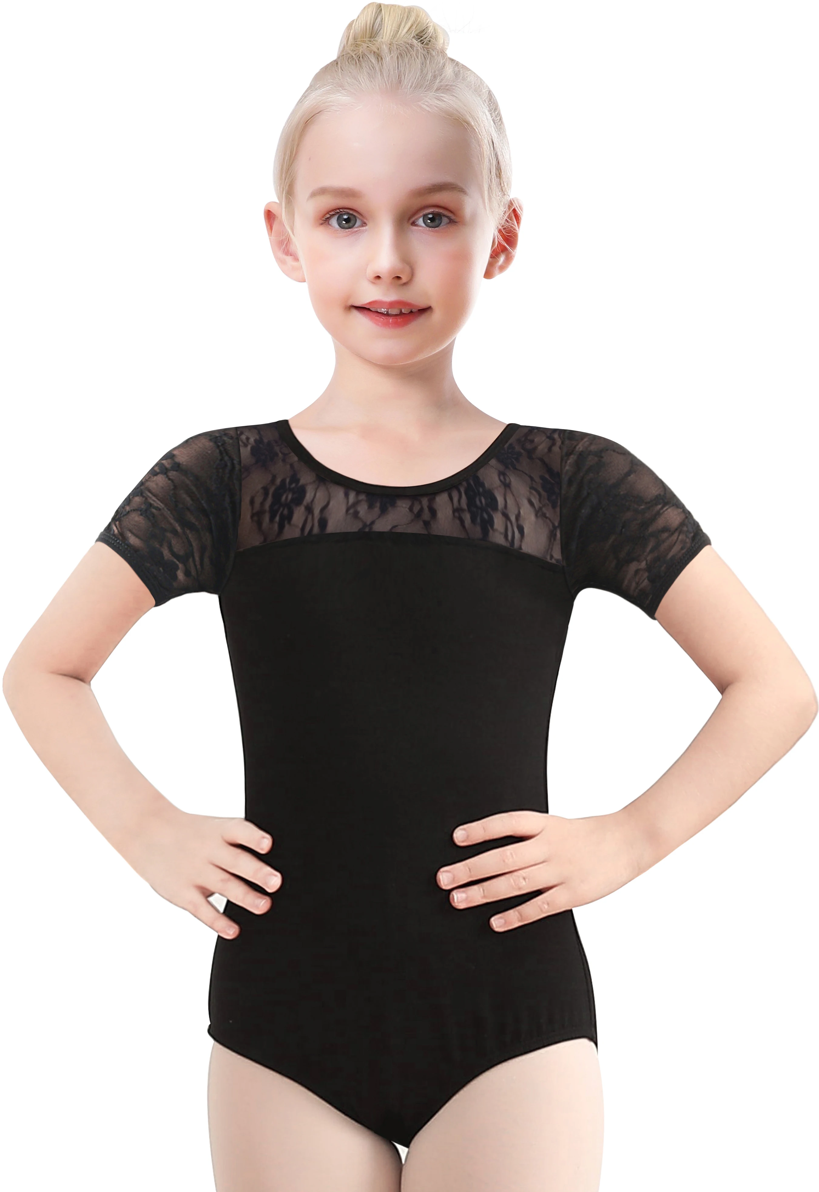 Girl Ballet Lace Neckline  Dance Leotard Toddler Back bow-knot Short sleeve Dancewear Activewear with Full Front Lining