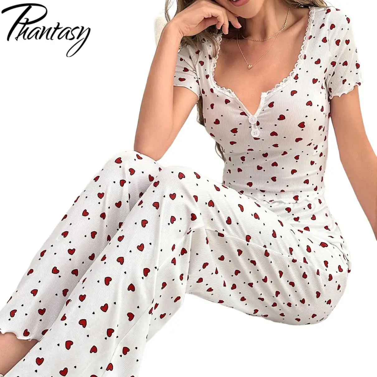 

Phantasy модный удобный женский пижамный комплект с рюшами по краям в полоску с короткими рукавами и длинными брюками, одежда для сна из двух предметов, домашняя одежда