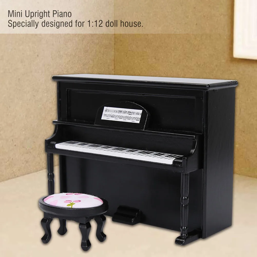 ZK30 1:12 Doll House Accessories Mini Upright Piano Model Toy with Stool Simulation Furniture Black