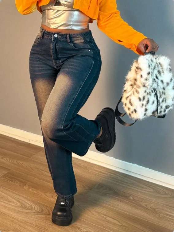 

Women's Jeans Summer New Fashion Casual Retro Style Color Blocked Pleated Denim Print High Waist Slim Straight Leg Jeans