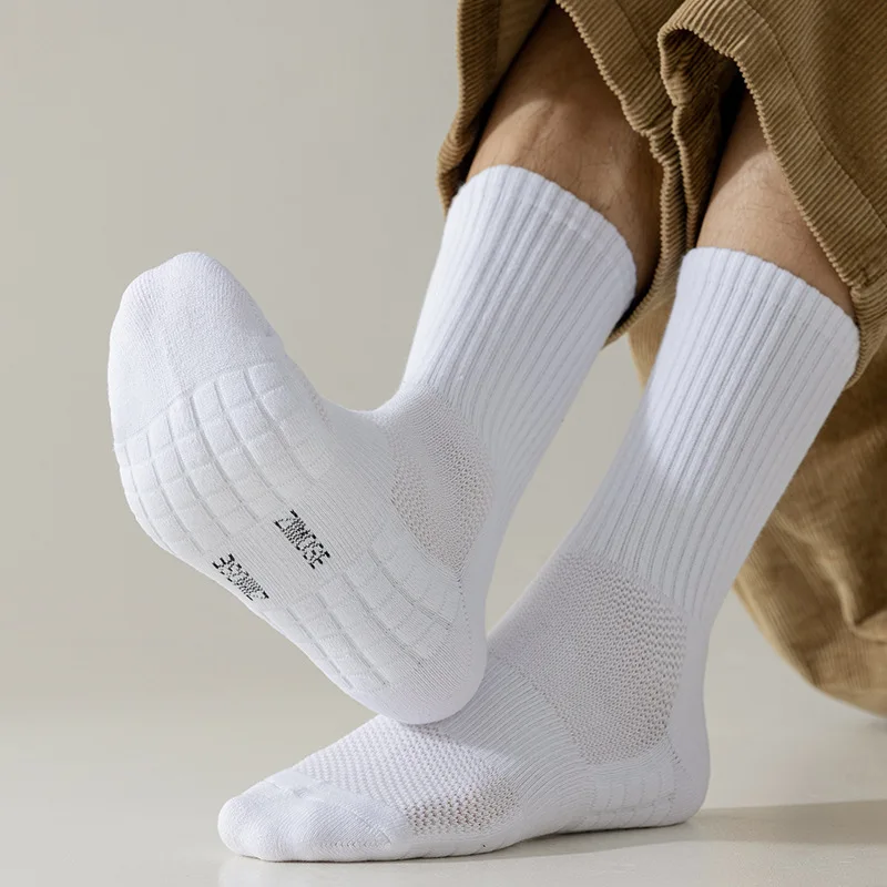 Loop-Knit Breathable Cotton Towel-Back Basketball Socks Comfortable Solid-Color Athletic Mid-Calf Socks
