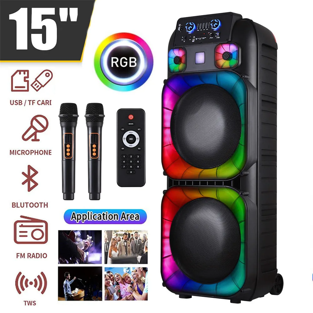 8000W Portable Bluetooth Party Speaker DJ Karaoke Heavy Bass Rechargeable Sound System Dual 15"Loud Speaker Led Light with Mic