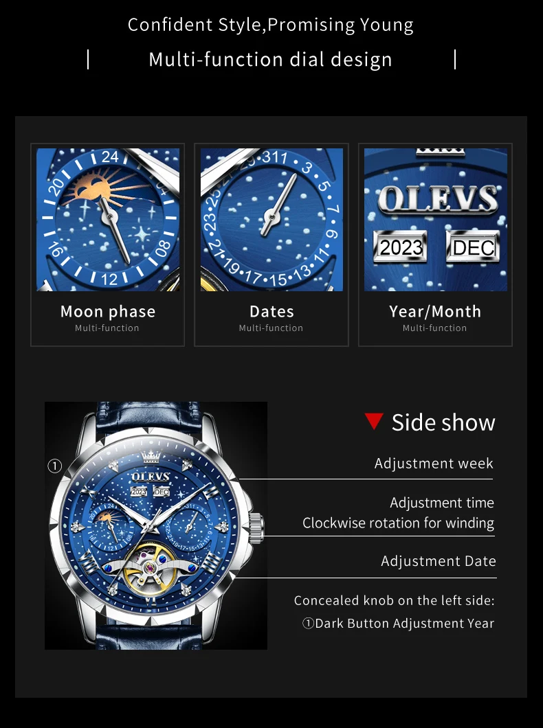 OLEVS 6690 أفضل الساعات الأوتوماتيكية للرجال السماء المرصعة بالنجوم الهيكل العظمي تصميم القمر المرحلة تاريخ حزام من الجلد مضيئة مقاوم للماء ساعة اليد